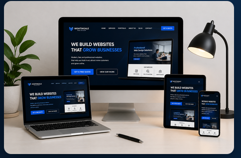 Nightingale Web Design website displayed on desktop, laptop, tablet and mobile devices